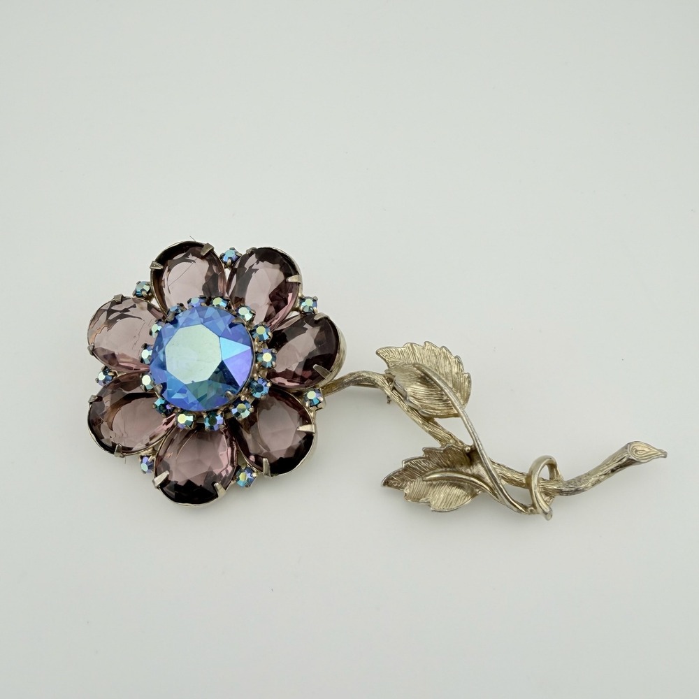 Vintage Flower Brooch Blue AB Purple Rhinestone Gold Tone Large 4 Inch